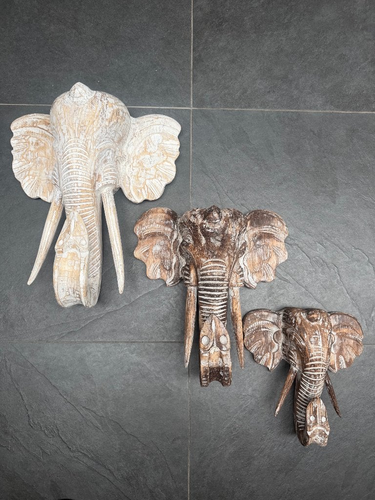 Olifant houtsnijwerk wandmasker paneel Bali Indonesie masker, 40 cm, Boho, Hout, Meerkleurig