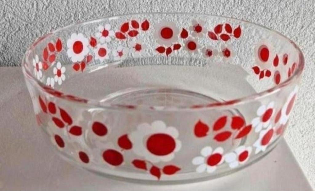 Glazen Schaal met Rood/Witte Bloemen, Ophalen of Verzenden