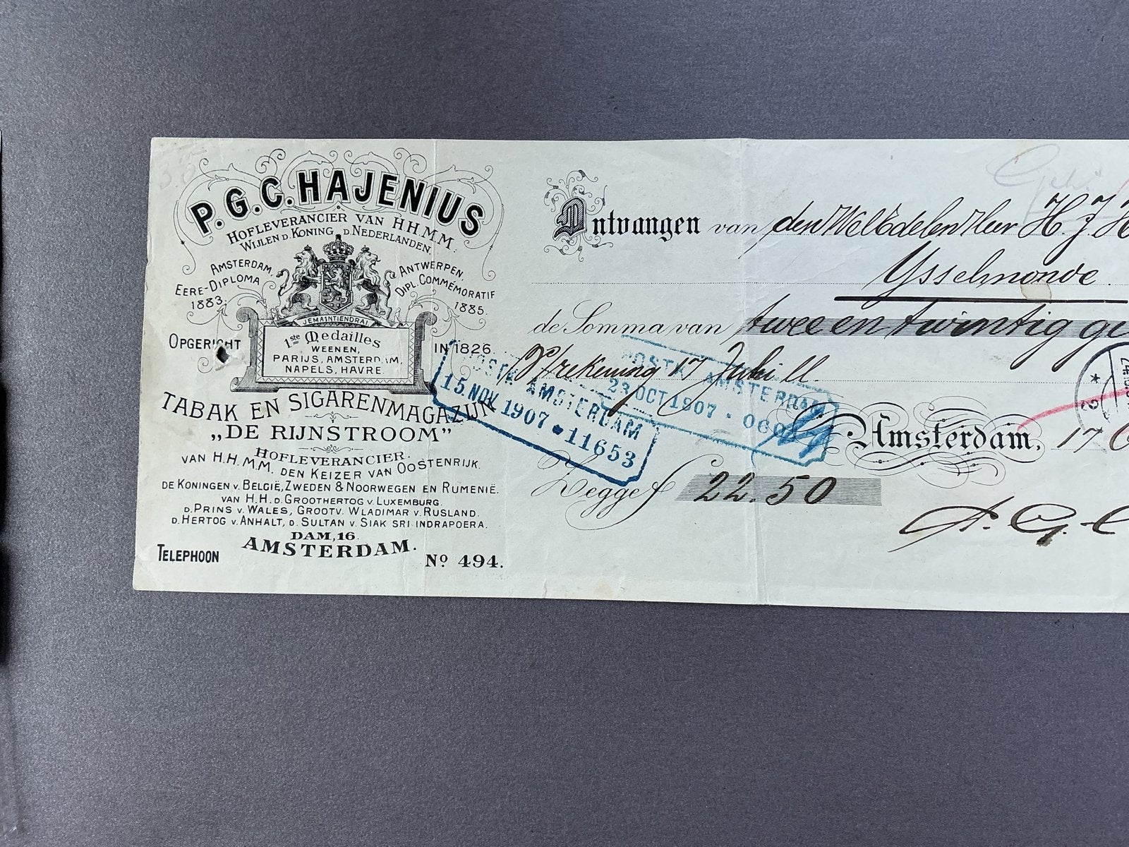 Oude geldbrief P.G.C. Hajenius Tabak en Sigarenmagazijn 1907, Verzenden, Gebruikt
