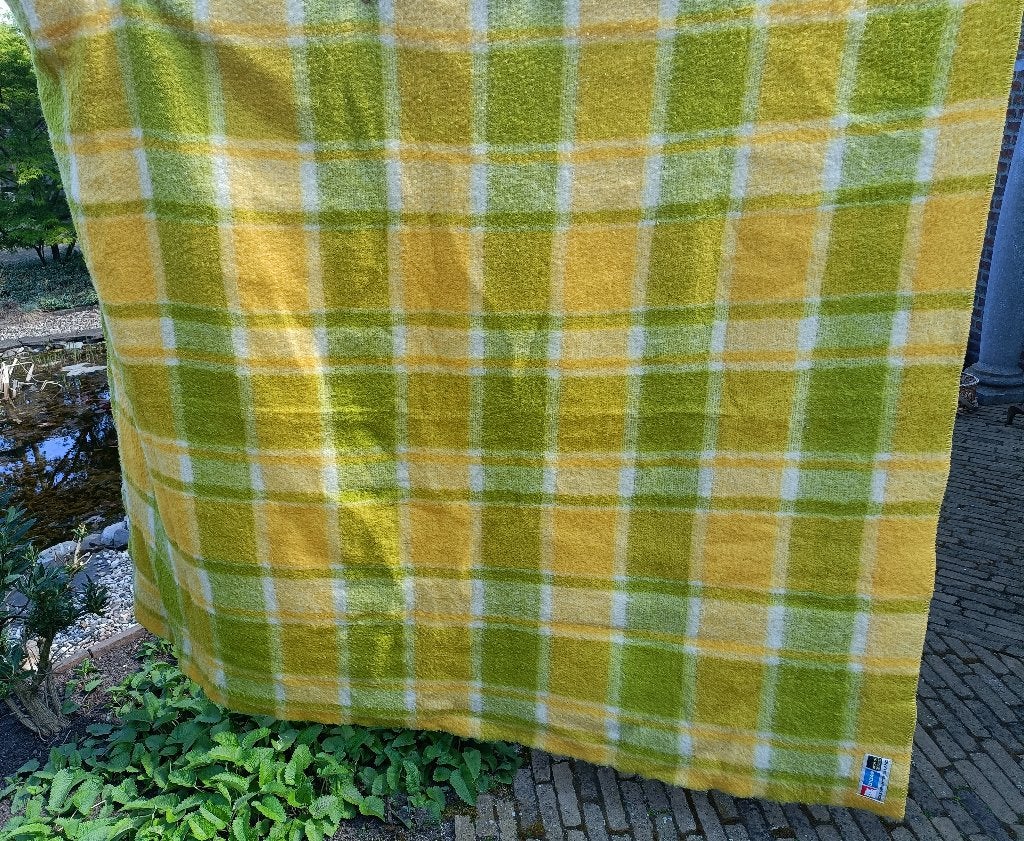 Vintage DIDAS wollen deken geel groen geruit 170x215 (KD2), Huis en Inrichting, Slaapkamer | Beddengoed, Gebruikt, Meerkleurig