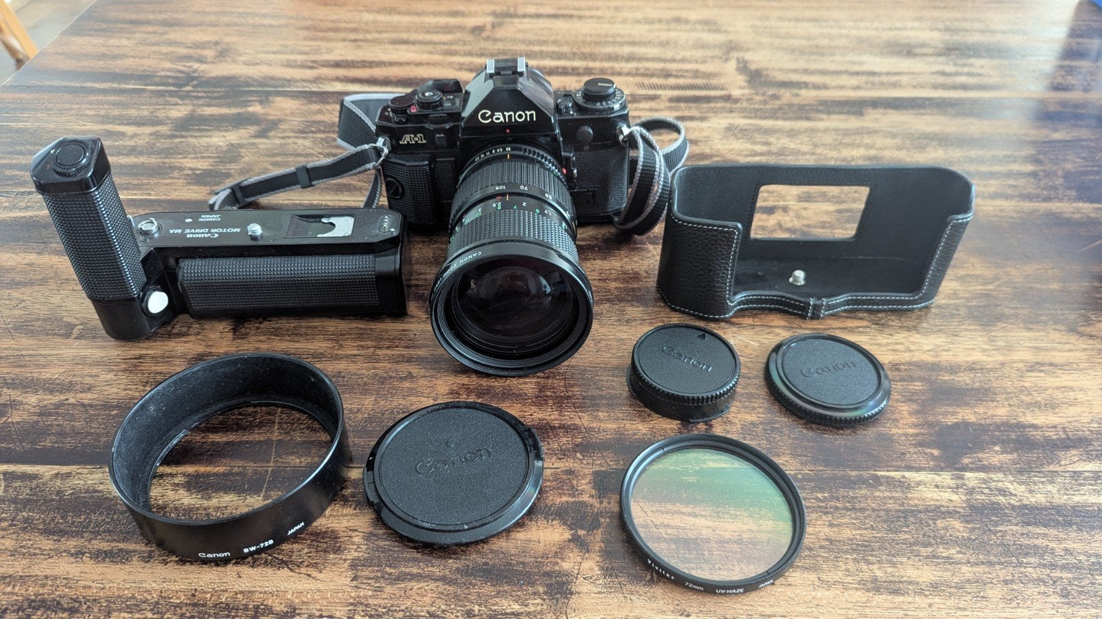 Canon A-1 met FDn 35-105mm lens en Motor Drive MA, Ophalen of Verzenden, Spiegelreflex, Canon