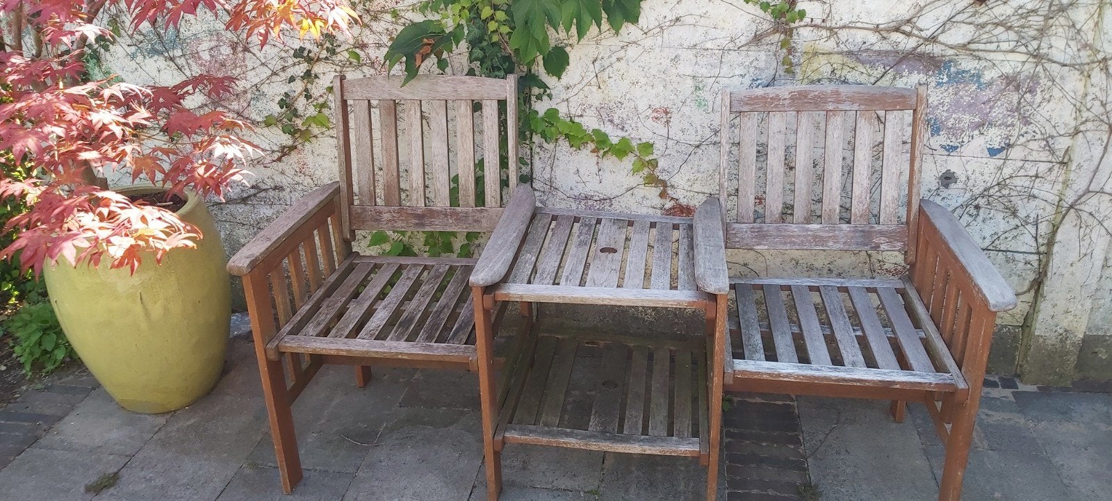 Houten tuinbank met tafeltje, Ophalen, Gebruikt, Hout