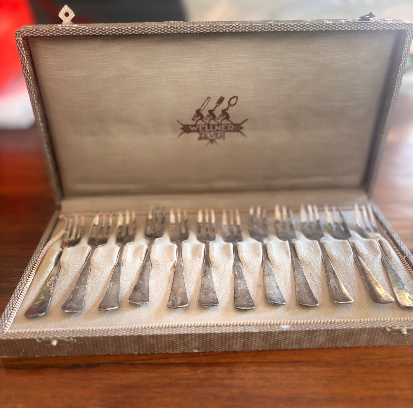 Wellner verzilverde vorken set (12) in originele doos, Ophalen of Verzenden
