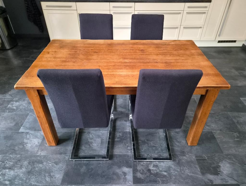 Eettafel set robuust eikenhout, Huis en Inrichting, Ophalen, Eikenhout, 50 tot 100 cm, 150 tot 200 cm