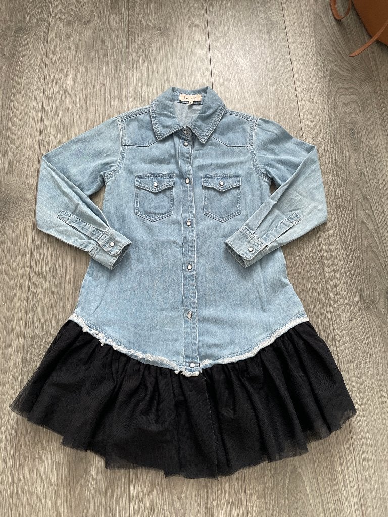 TWINSET meisjes spijker denim jurk met tule ruffles mt 128, Meisje, Ophalen of Verzenden, Zo goed als nieuw, Jurk of Rok