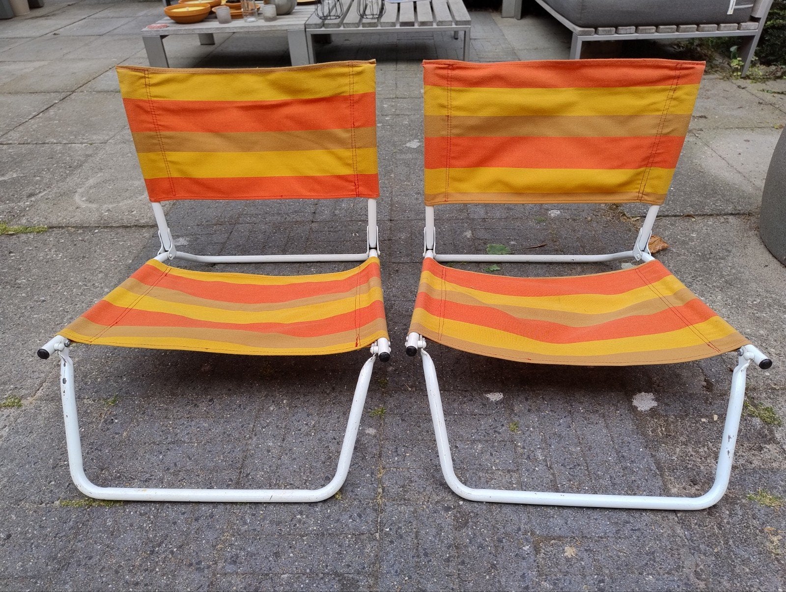 2x Vintage inklapbare strandstoelen - Oranje/Geel gestreept, Ophalen, Gebruikt, Inklapbaar