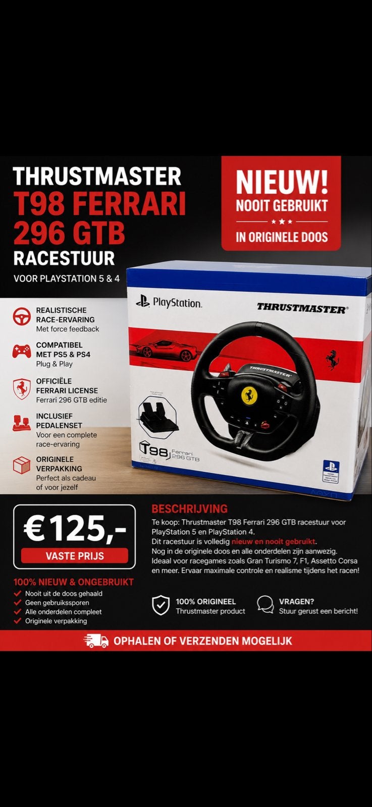 Thrustmaster T98 Ferrari 296 GTB Racestuur PS5/PS4 NIEUW, Ophalen of Verzenden, Nieuw, Stuurtje of Sportattribuut, Xbox Series X