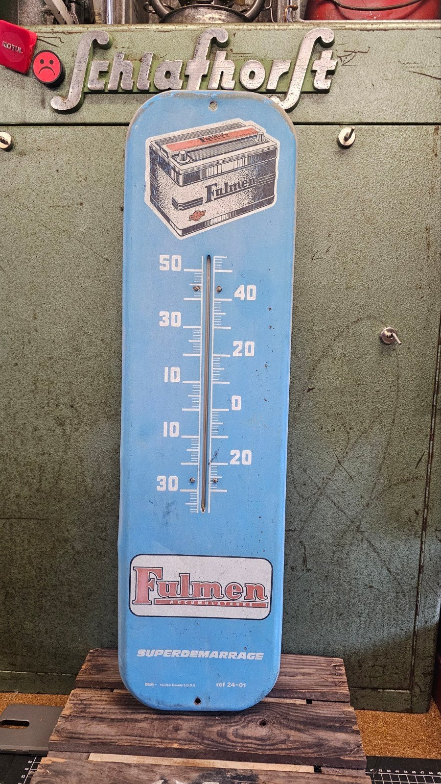 vintage reclame thermometer fulmen accu's, Ophalen of Verzenden, Gebruikt, Reclamebord