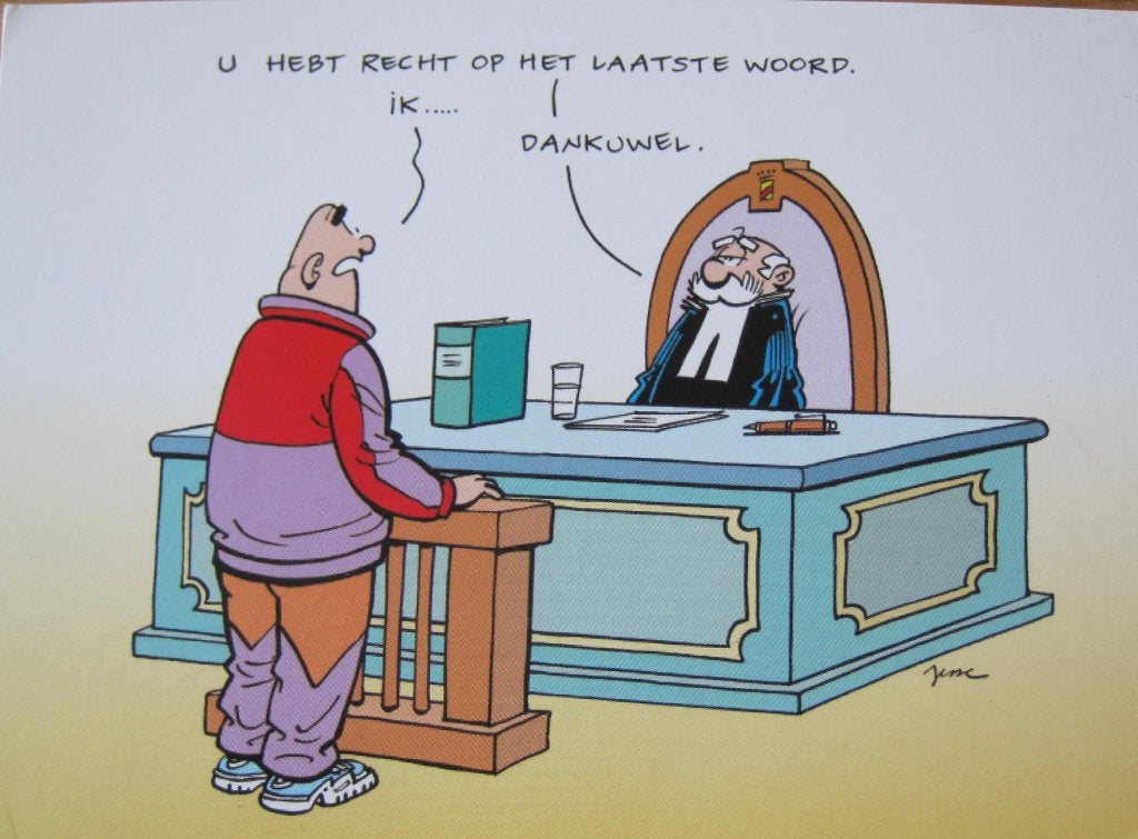 twee cartoons van de Rechter op nieuwe ansichtkaart, Ophalen of Verzenden, 1980 tot heden, Ongelopen, Overige thema's