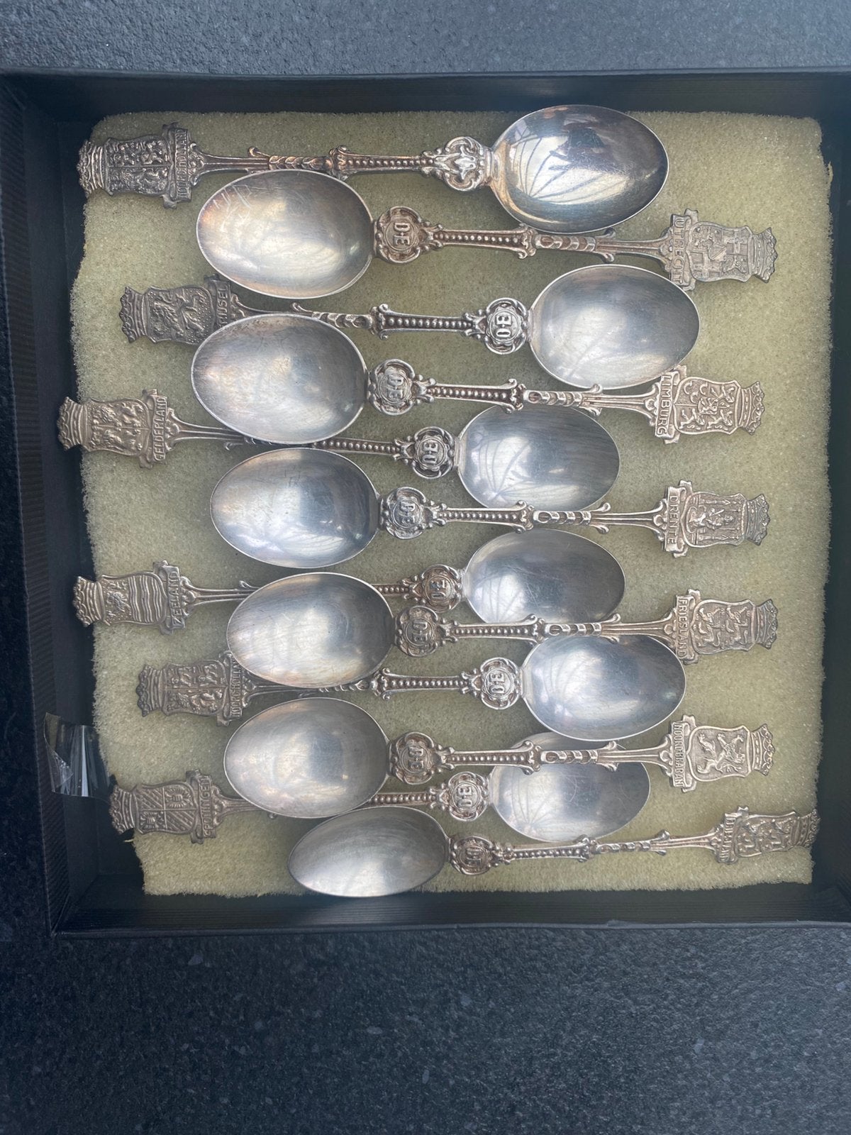 Set van 12 wapenlepeltjes  van DE, Ophalen, Zilver