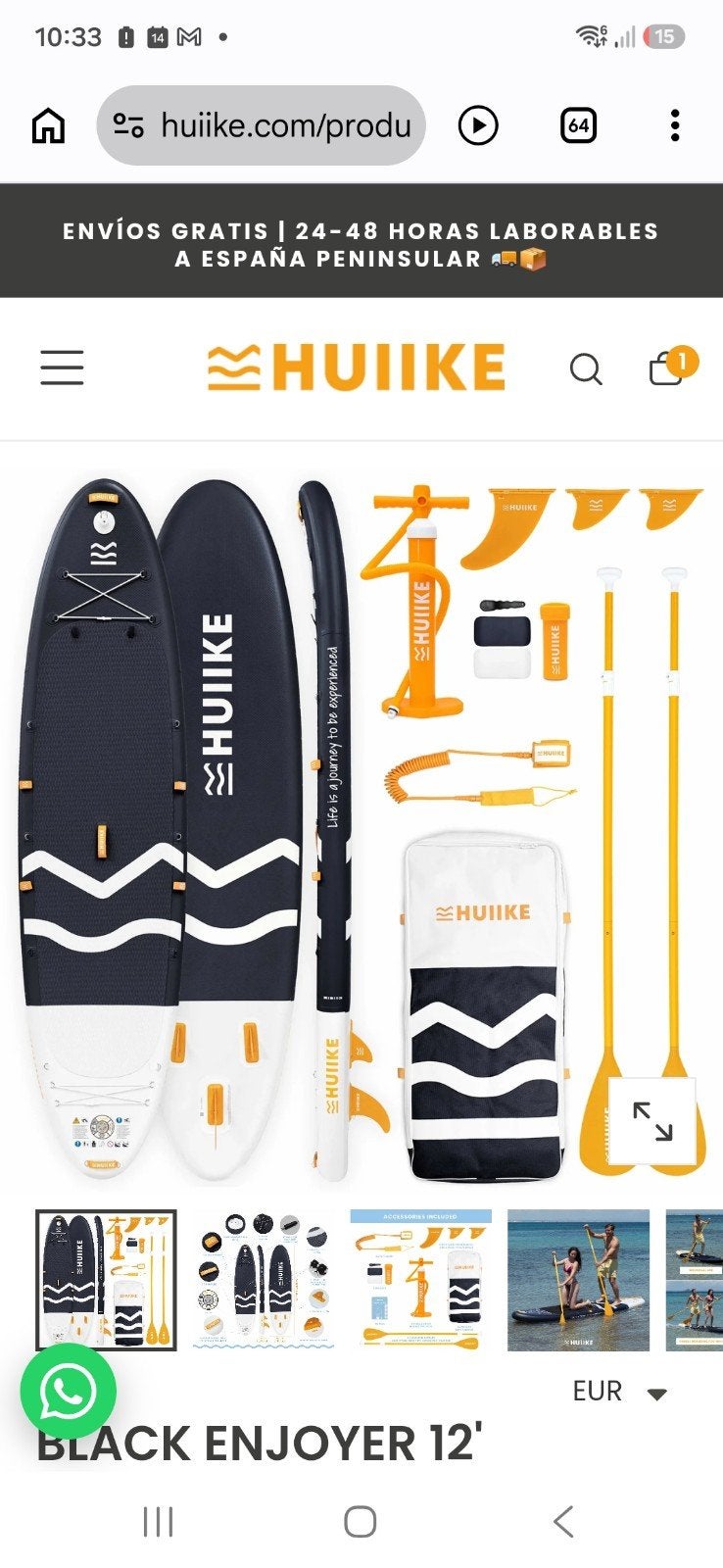 HUIKE BLACK ENJOYER 12' SUP Board Set - Direct Leverbaar, Ophalen of Verzenden, Nieuw, Overige typen, Met koord