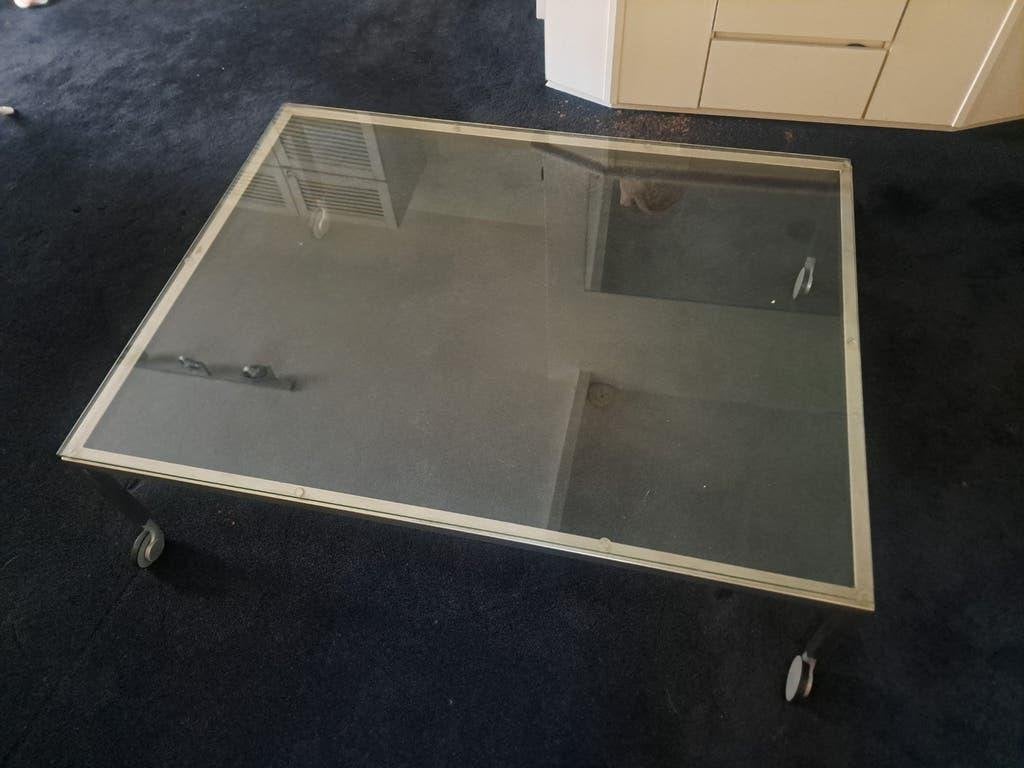 Glazen salontafel met wielen, 90x120 cm, Ophalen, Gebruikt, 100 tot 150 cm, 50 tot 100 cm