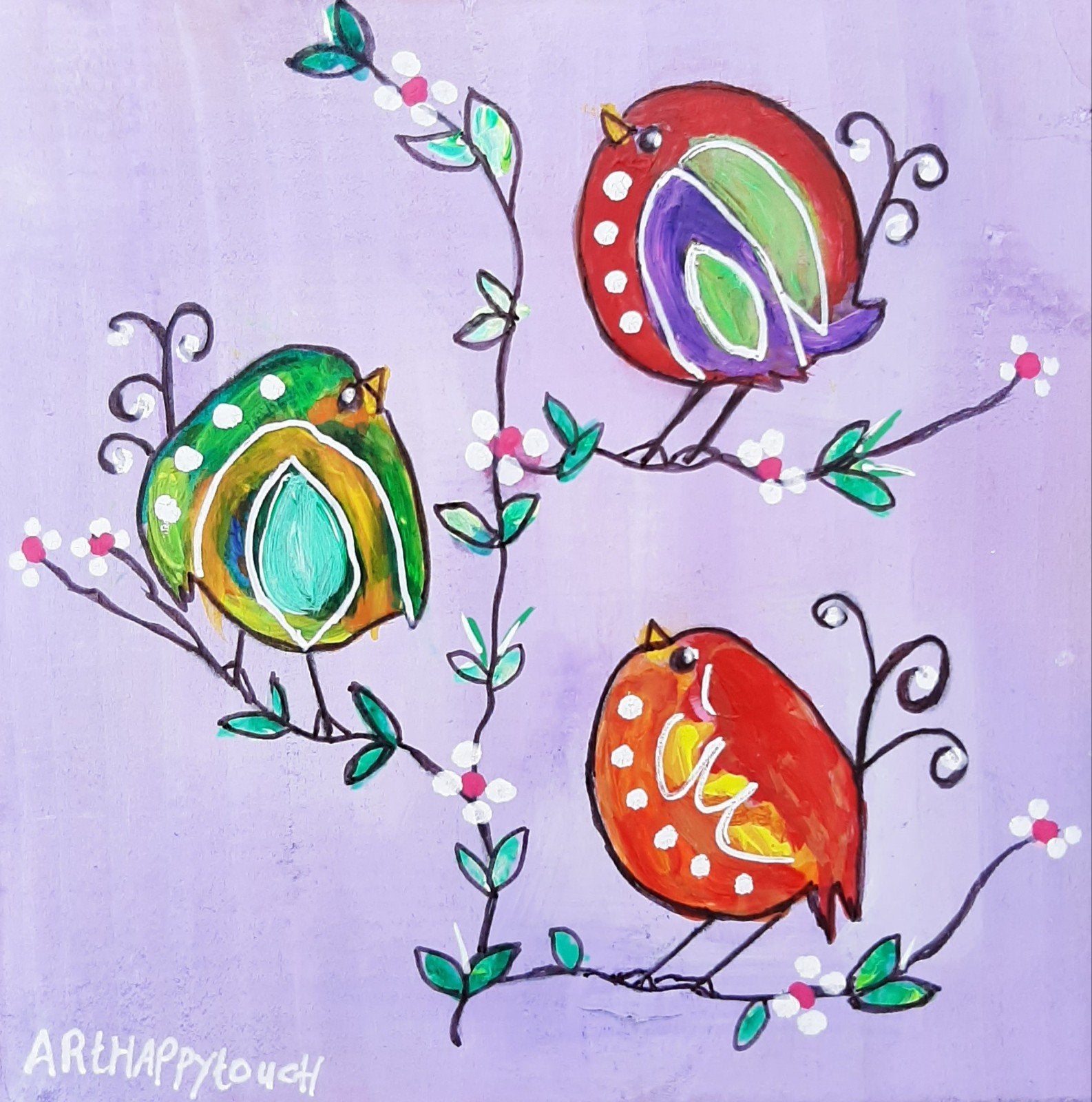 Schilderijtje op hout vrolijke vogeltjes in kleurrijk acryl, Antiek en Kunst, Ophalen of Verzenden, Acrylverf, Dieren