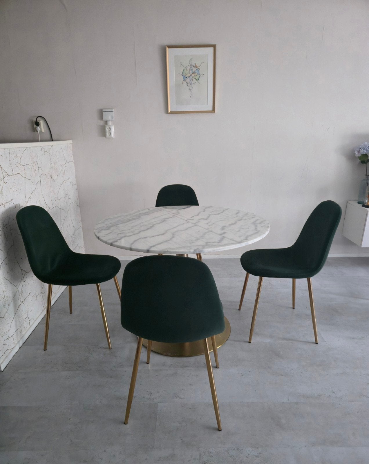 Eethoek Marmeren Tafel met Groene Fluweel Stoelen, Overige materialen, Gebruikt, Rond, Ophalen of Verzenden