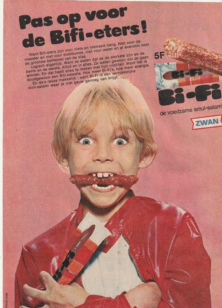 Retro reclame 1970 Bi-Fi worstjes jongetje leren jasje, Verzenden, Overige typen