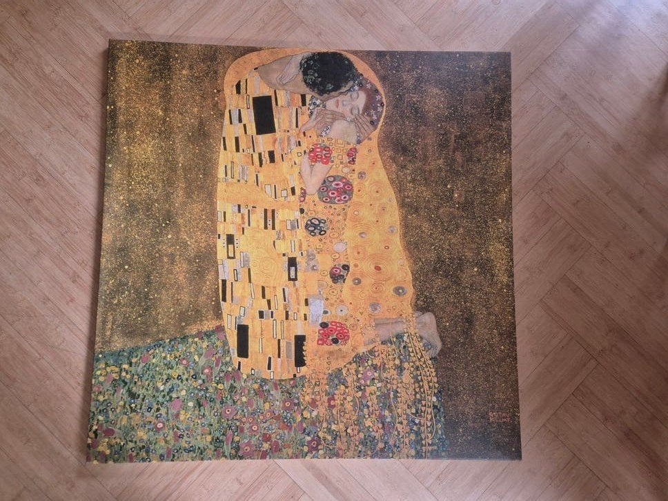 Gustav Klimt 'De Kus' Canvas Schilderij 90x90cm, Antiek en Kunst, Ophalen, Doek, Klassiek, Print