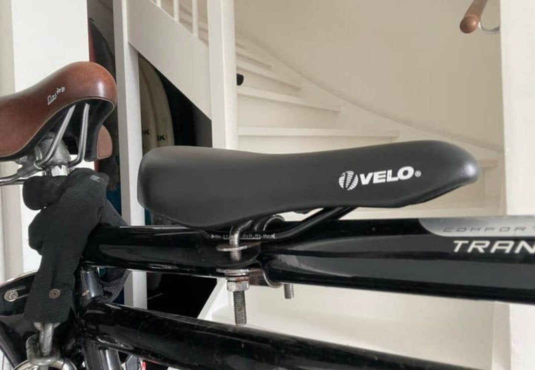 Velo kinderzitje/buiszadel/stangzadel met voetsteuntjes, Ophalen of Verzenden, Gebruikt, Voetsteuntjes