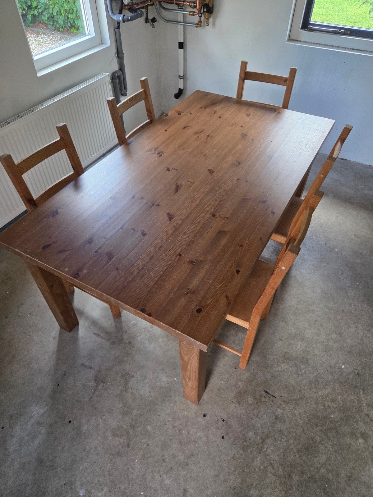 Houten eettafel met 5 stoelen, Huis en Inrichting, Tafels | Eettafels, Ophalen, Gebruikt, Rustiek, 50 tot 100 cm