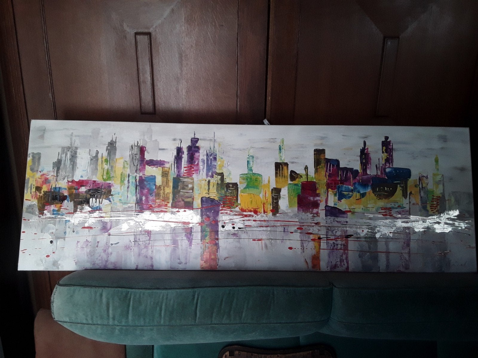 Modern schilderij skyline stadsgezicht kleurrijk, Antiek en Kunst, Ophalen, Acrylverf, Handgeschilderd, Stadsgezicht