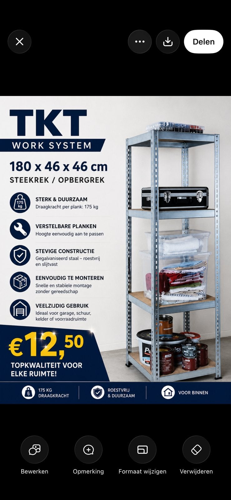 TKT WORK SYSTEM stelling - 180x46x46 cm, Ophalen, Nieuw