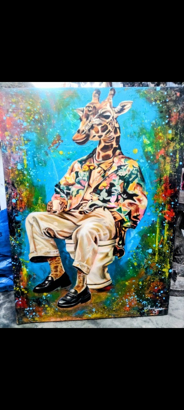 Handgeschilderd Schilderij 80x60cm - Giraffe in Pak, Acrylverf, Handgeschilderd, Ophalen of Verzenden, Dieren
