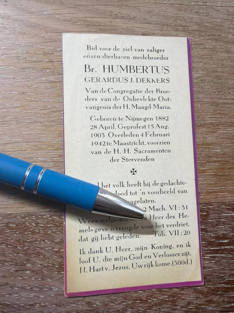 Dekkers Gerardus 1882 Nijmegen 1942 Maastricht br Humbertus, Verzamelen, Ophalen of Verzenden