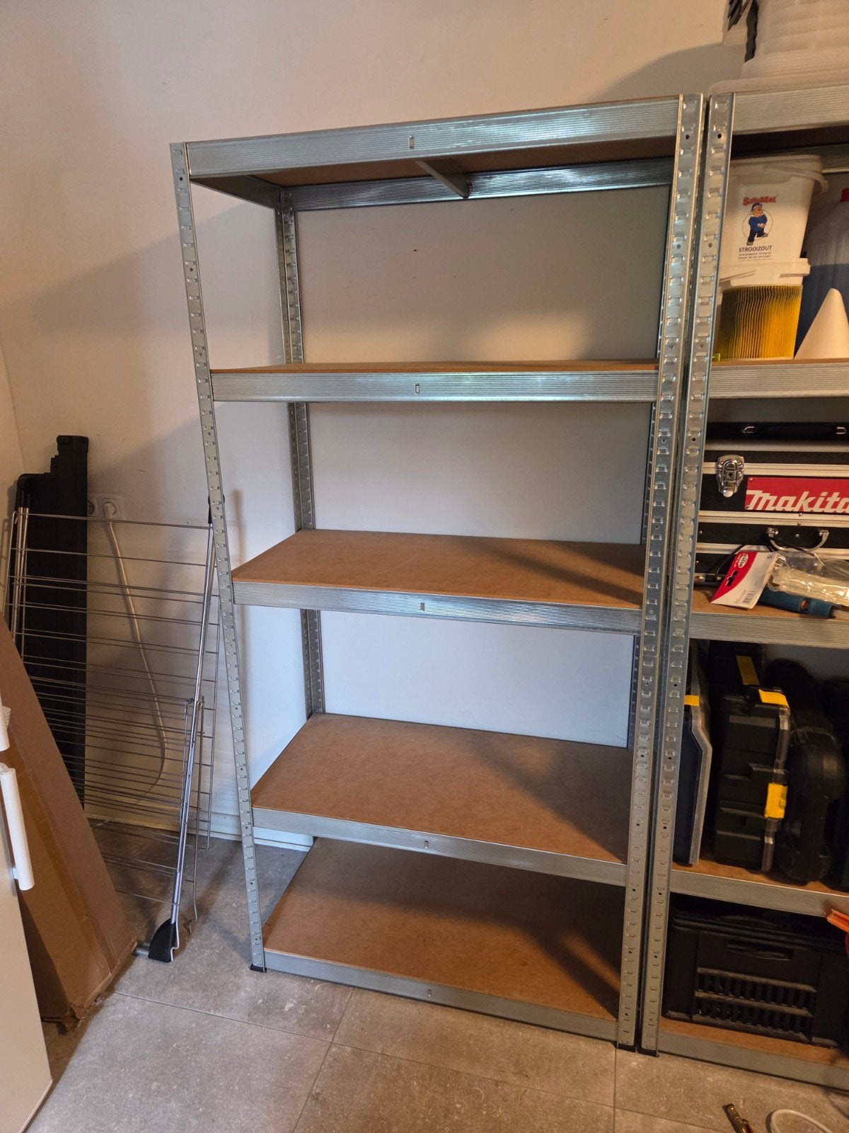 Stevige metalen stellingkast met 5 houten planken, Ophalen, Gebruikt