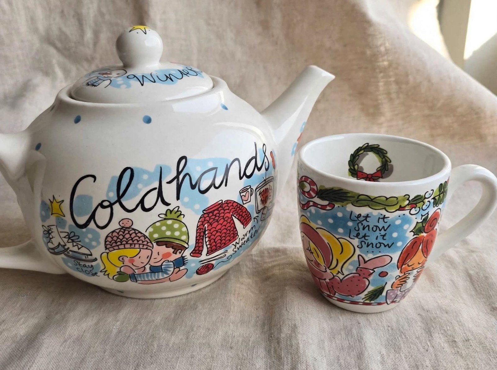 Blond Amsterdam theepot en mok 'Cold hands, warm tea', Ophalen, Keramiek, Zo goed als nieuw, Theepot