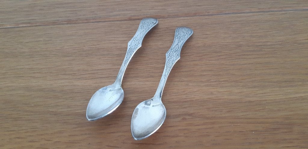 2 keltum biedermeier stijl verzilverde theelepels, Overige materialen, Gebruikt, Los bestek, Theelepel