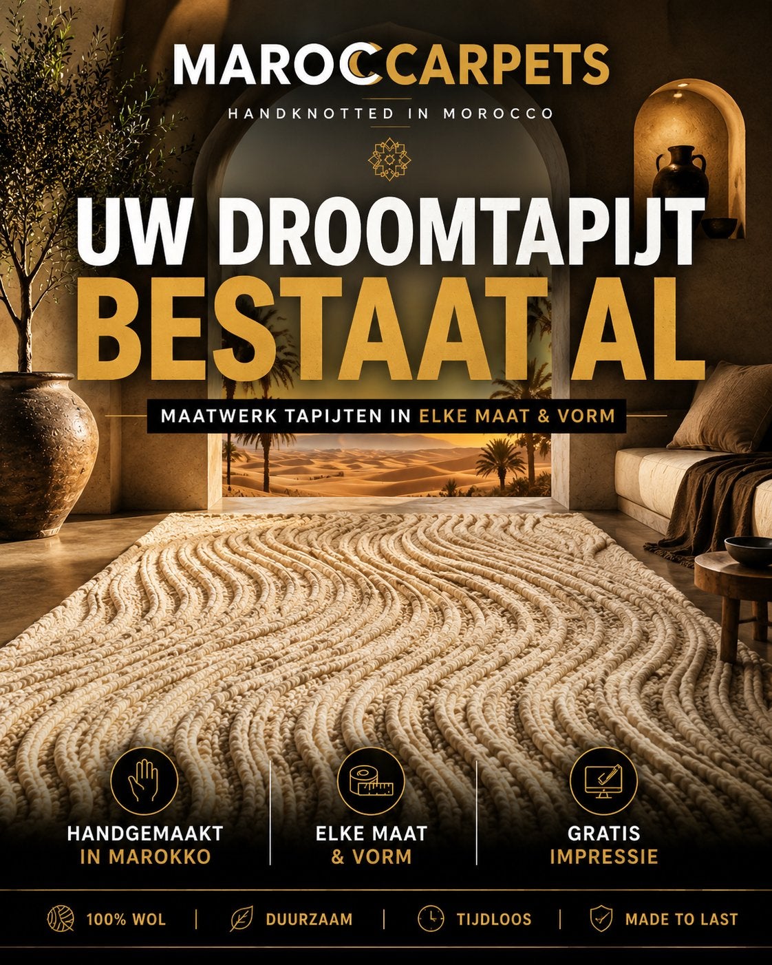 Luxe M'rrit Wollen Vloerkleed - Handgeknoopt in Marokko, Ophalen of Verzenden, 200 cm of meer, Boho, berber, m'rirt, wol, handgemaakt