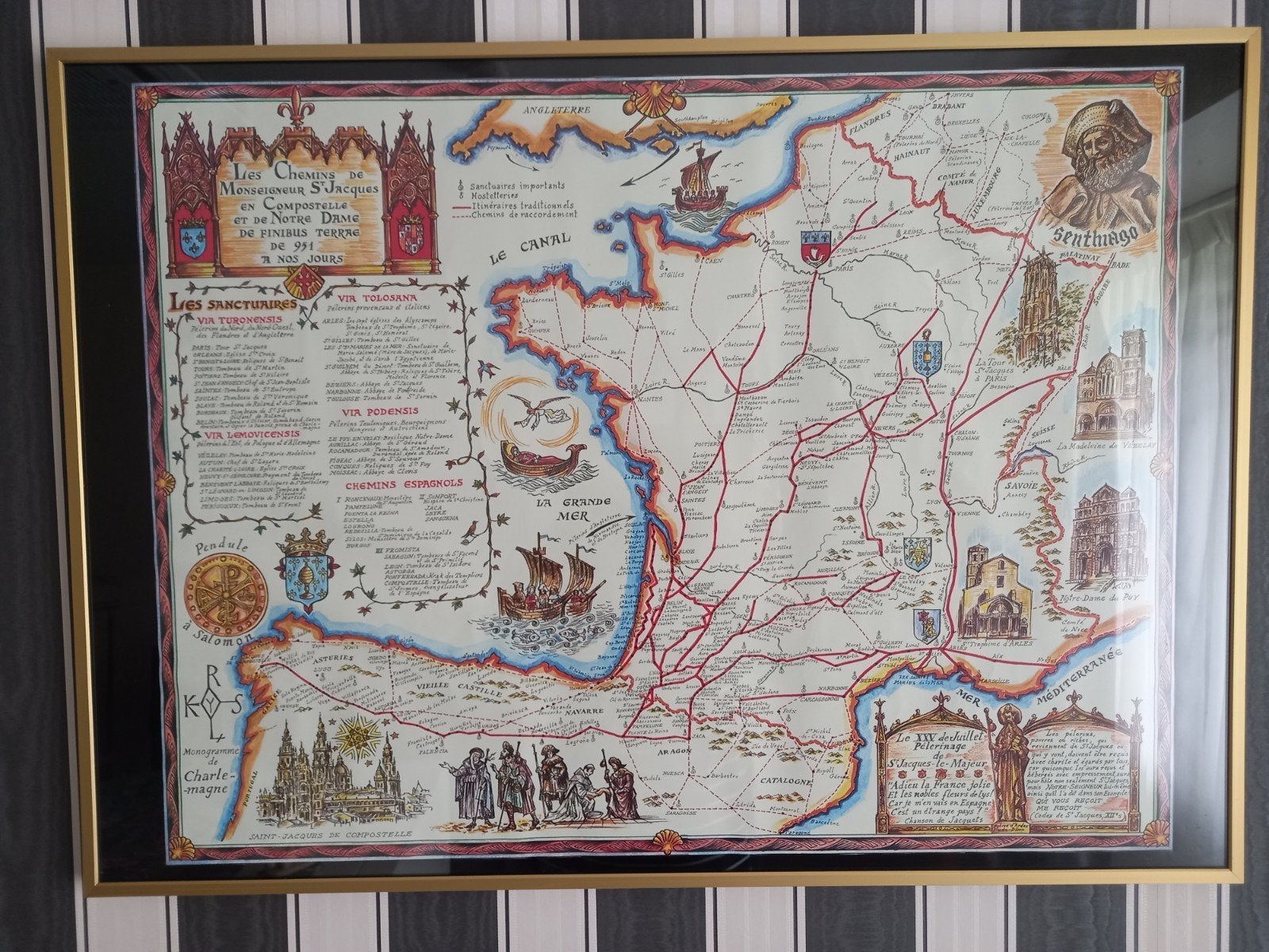 Poster in lijst route Santiago de compostela, Ophalen, Zo goed als nieuw, 1800 tot 2000, Landkaart
