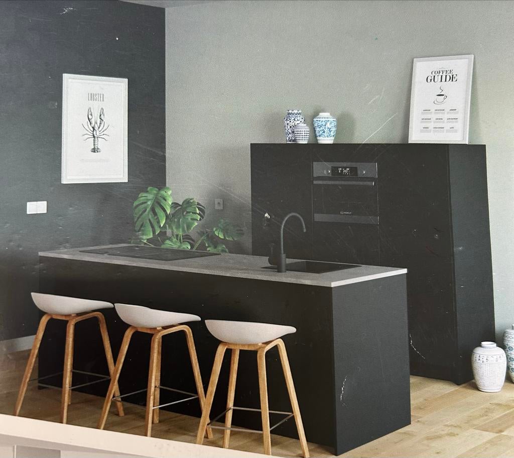 Moderne zwarte keuken met eiland en inbouwapparatuur, Ophalen, Zwart, Overige typen, Nieuw