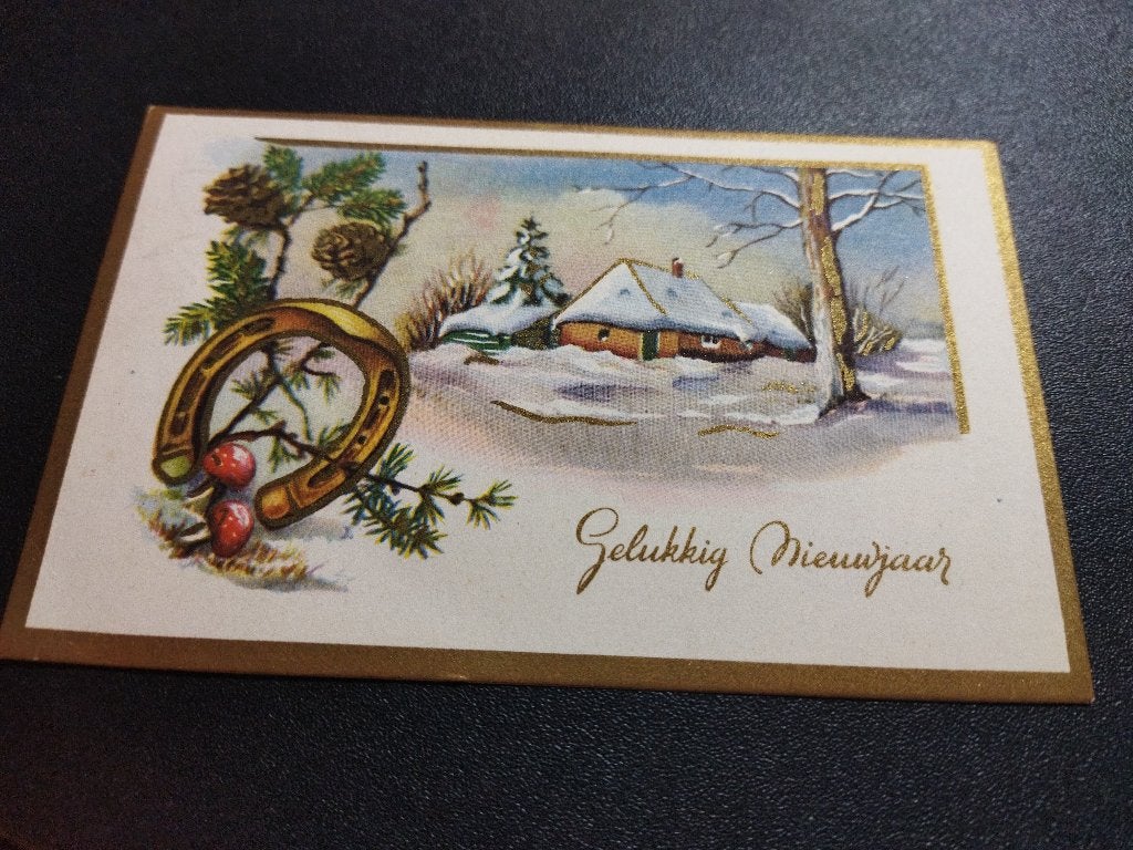Vintage ansichtkaart Gelukkig Nieuwjaar hoefijzer, Ophalen of Verzenden, 1940 tot 1960, Gelopen, Feest(dag)