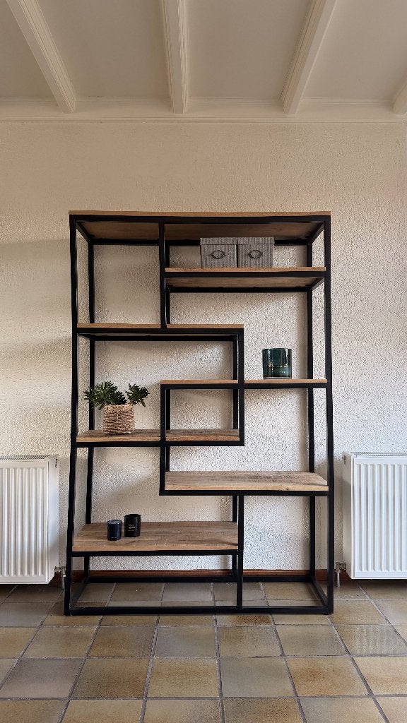 Industriële open kast / vakkenkast – hout & zwart metaal, Met plank(en), 100 tot 150 cm, Zo goed als nieuw, Landelijk industrieel