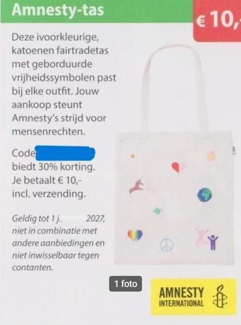Amnesty-tas 30% kortingscode, Eén persoon, Kortingsbon, Warenhuis- of Winkelbon