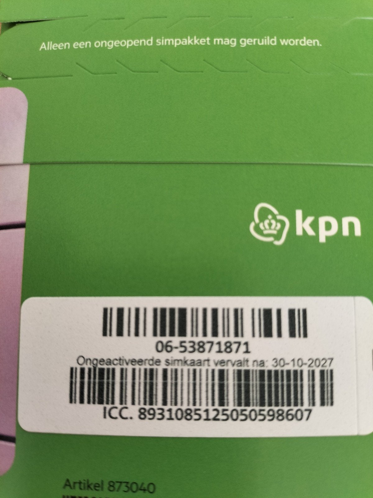 KPN Simkaart - Ongeactiveerd en Geldig tot 2027 - 0653871871, Ophalen, Nieuw, KPN, Simkaart