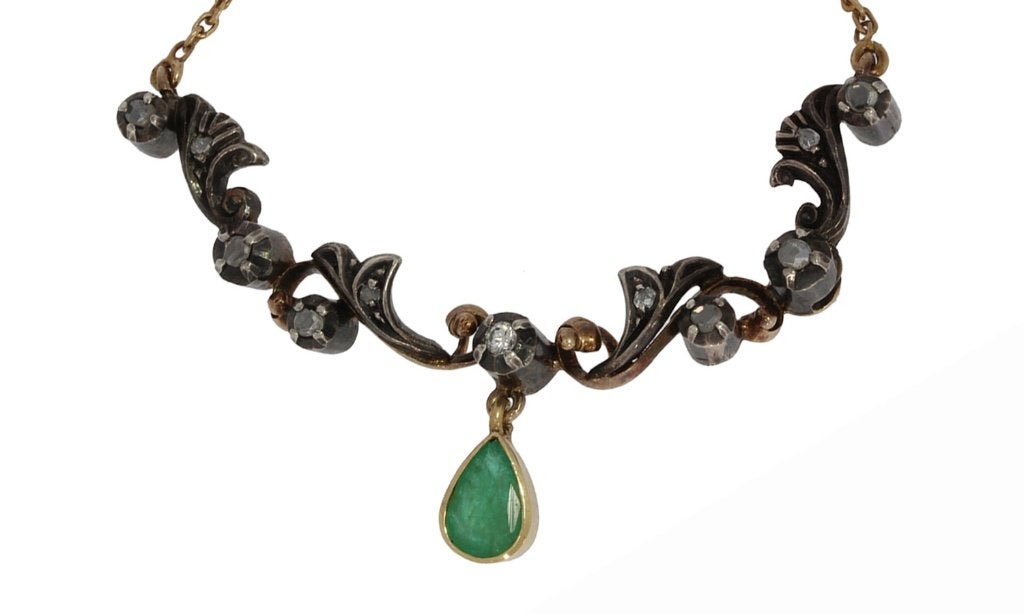 Smaragd diamanten antieke ketting 14k goud zilver dame fraai, Ophalen of Verzenden, Goud, Ketting, Met edelsteen