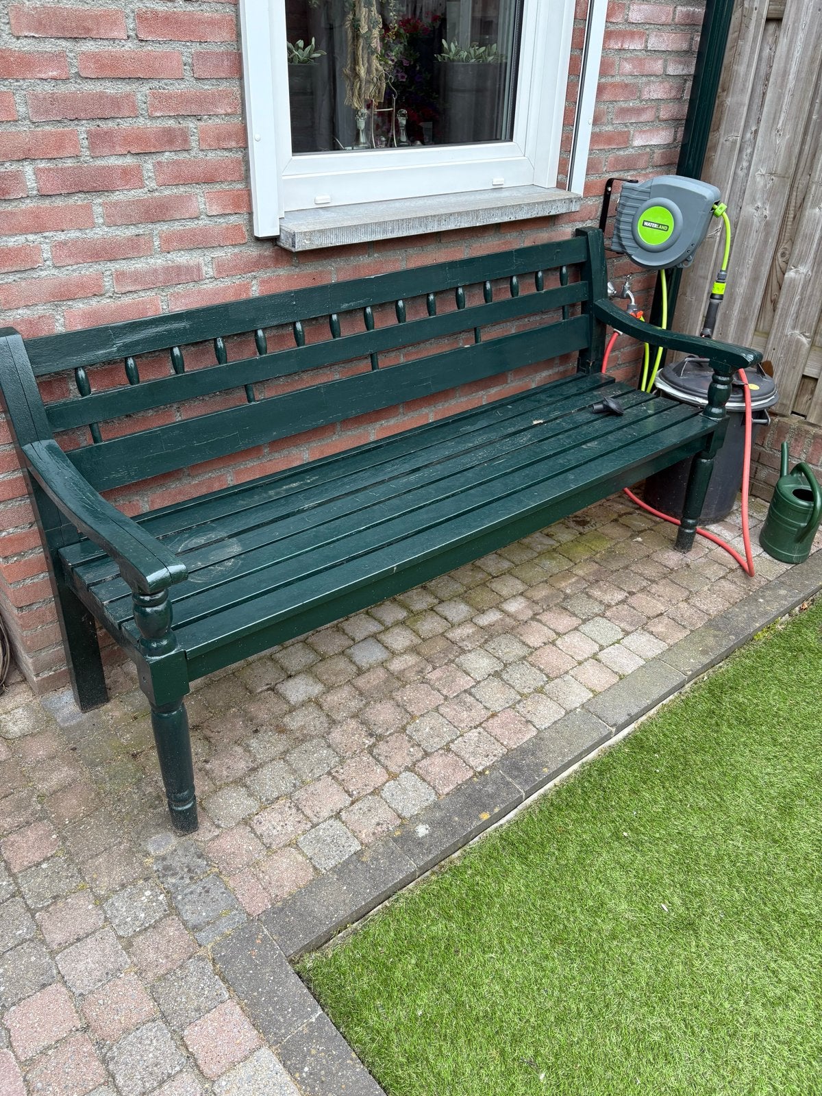Groene houten tuinbank - Gebruikt, Tuin en Terras, Ophalen, Gebruikt, Hout