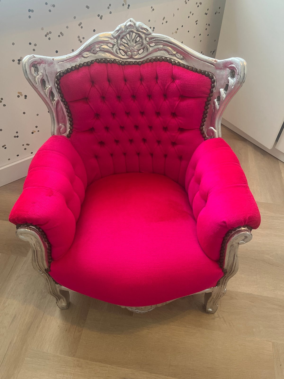 Barok kinderfauteuil roze met zilveren frame, Antiek en Kunst, Ophalen