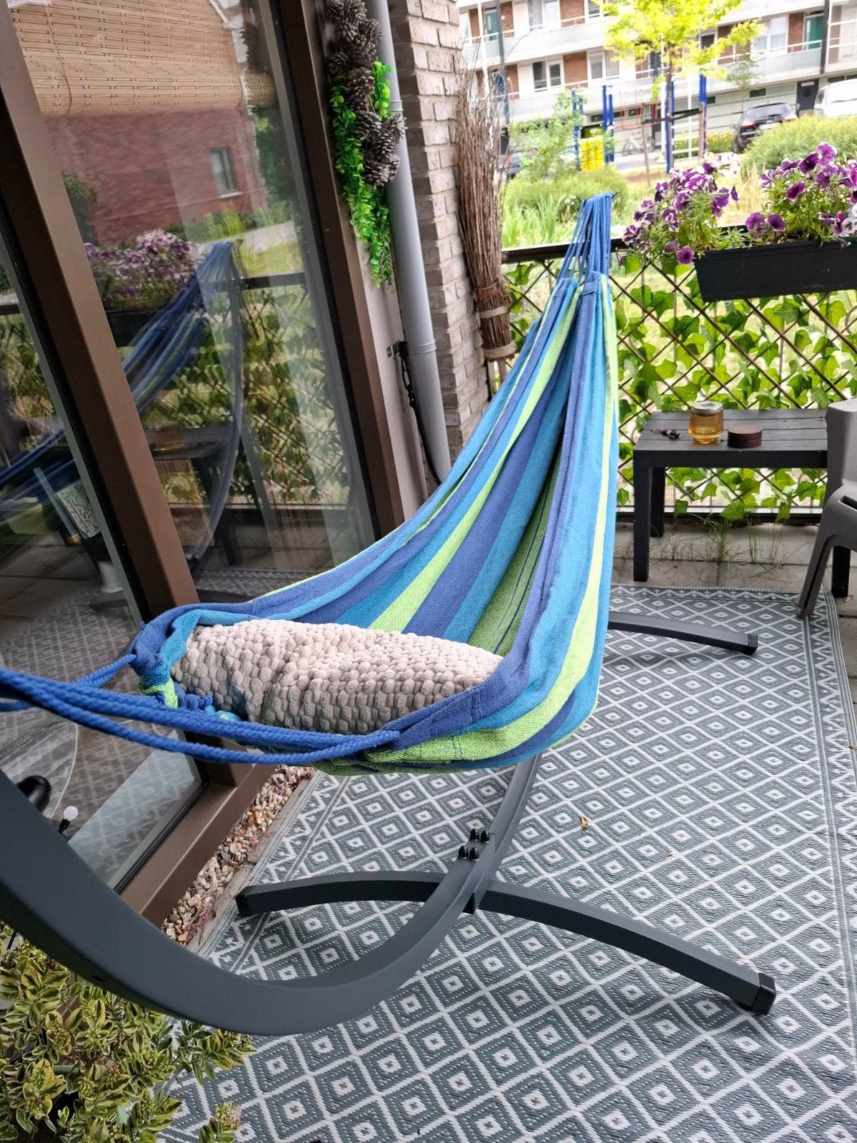 Comfortabele hangmat met standaard - Blauw/Groen, Ophalen, Zo goed als nieuw, Met standaard, Eenpersoons
