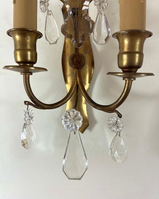 Set antieke koperen / messing wandlampjes met glazen pegels, Ophalen of Verzenden