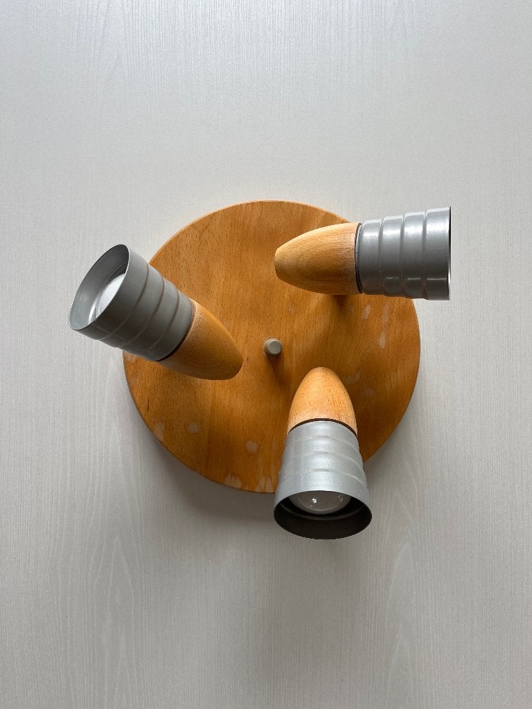 Plafondlamp houten 3-lichts, Ophalen of Verzenden, Zo goed als nieuw, Plafondlamp, 25 cm