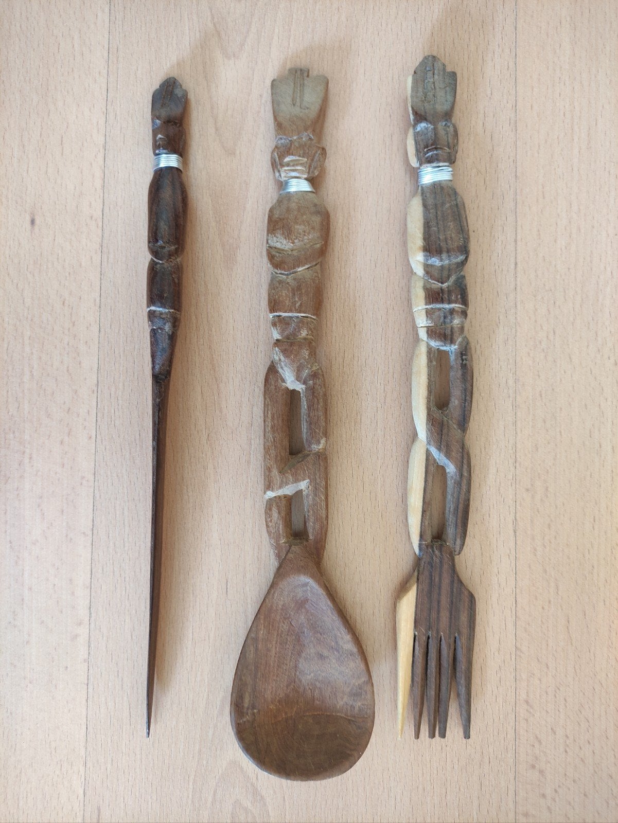 Uniek slacouvert figuurlijk handwerk v. hout India/40 jr oud, Ophalen of Verzenden, Zo goed als nieuw, Hout, Bruin