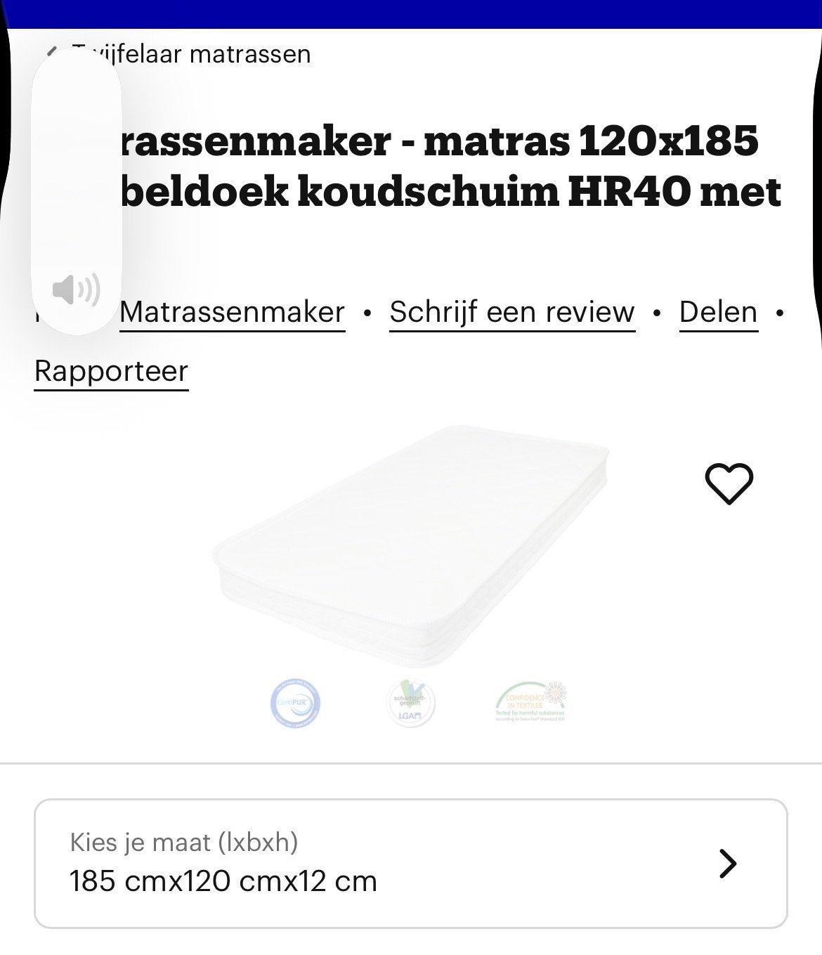 Matras  120x185 cmx12cm geschikt voor caravan of twijfelaar, Huis en Inrichting, Ophalen, Nieuw, 190 cm of minder, Twijfelaar