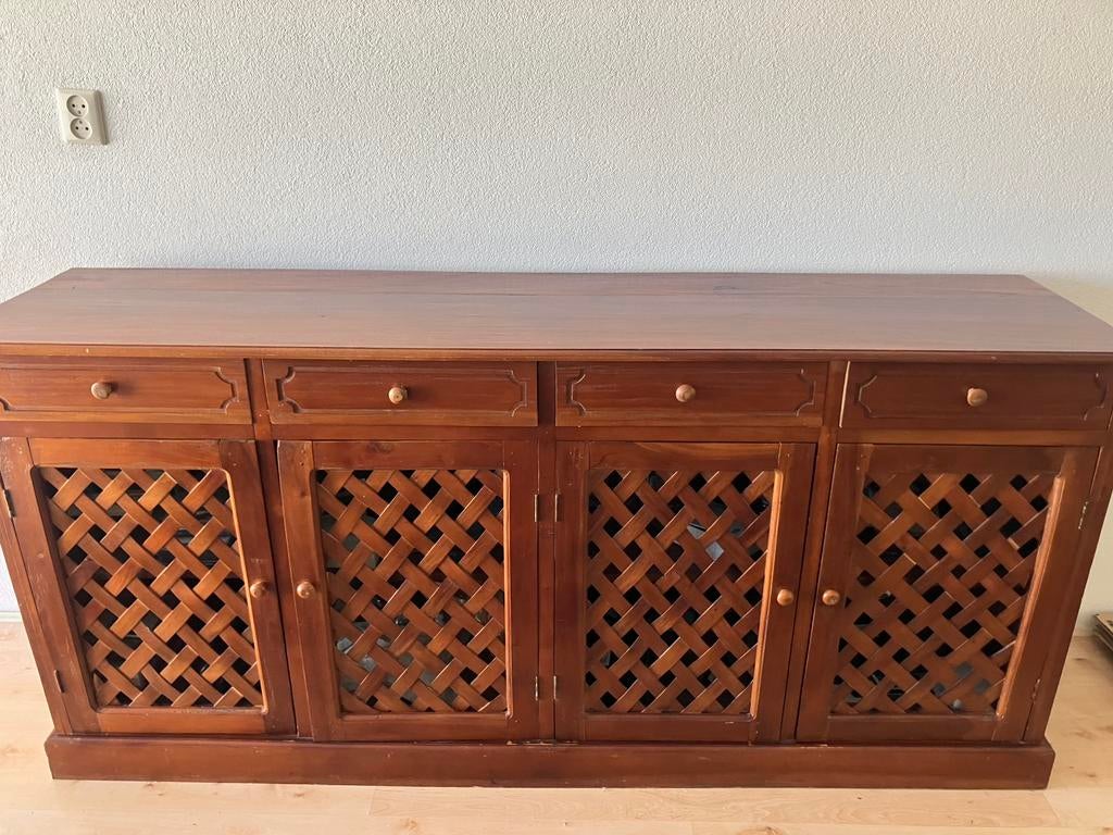 Vintage sidetable / dressoir donkerbruin hout, Gebruikt, Met deur(en), 150 tot 200 cm, Ophalen of Verzenden