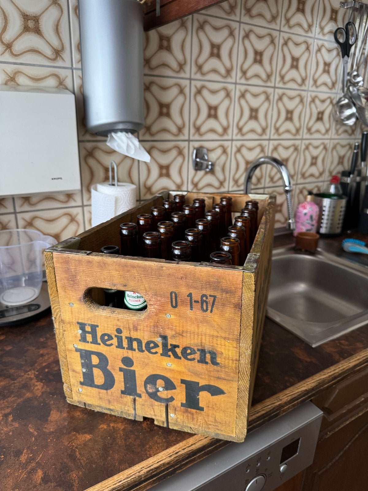 Heineken krat met 22 originele flesjes, Ophalen of Verzenden, Gebruikt