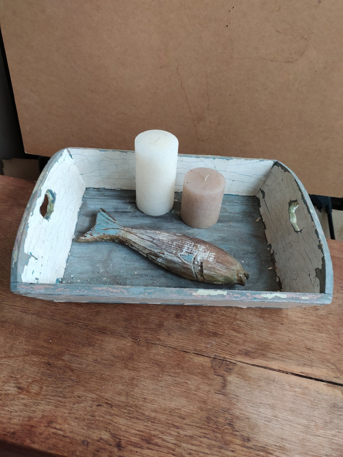 leuk brocante houten dienblad, met kaarsen en houten vis !, Huis en Inrichting, Ophalen, Rechthoekig, Hout