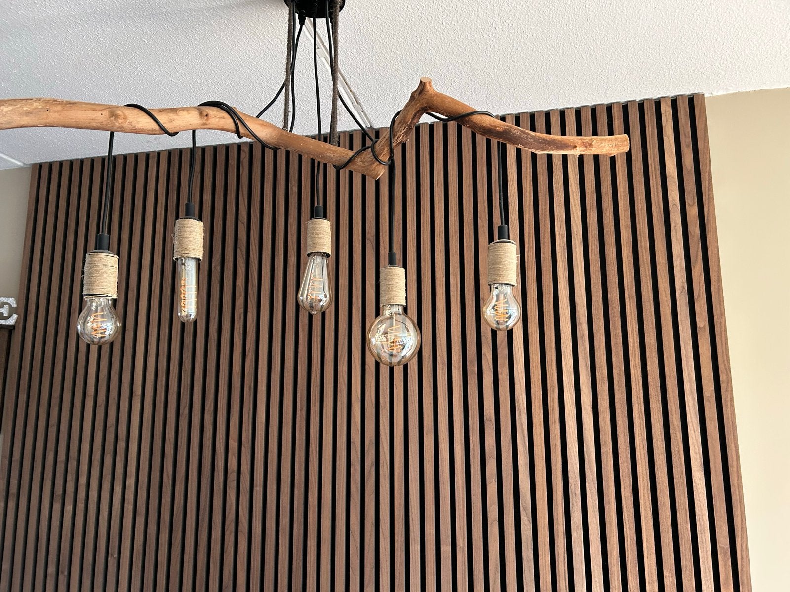 Unieke hanglamp van drijfhout met 5 Edison lampen, Ophalen, Gebruikt, Hout, 75 cm of meer