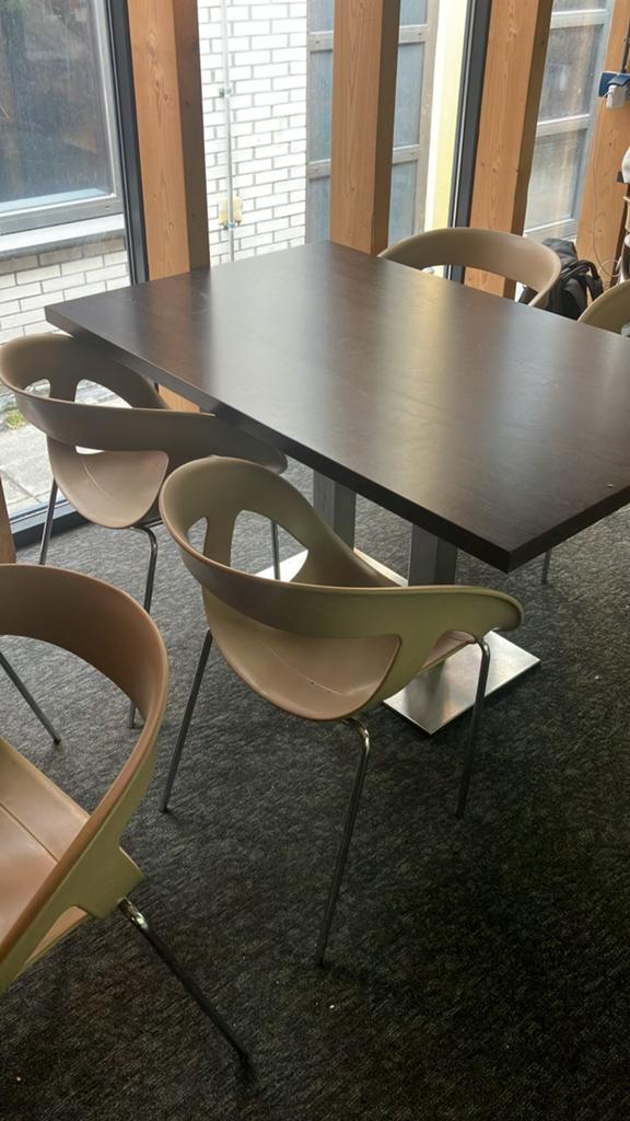 8 tafels met bijbehorende stoelen (90x90x77 en 140x90x77), Ophalen, Overige materialen, Gebruikt, 100 tot 150 cm