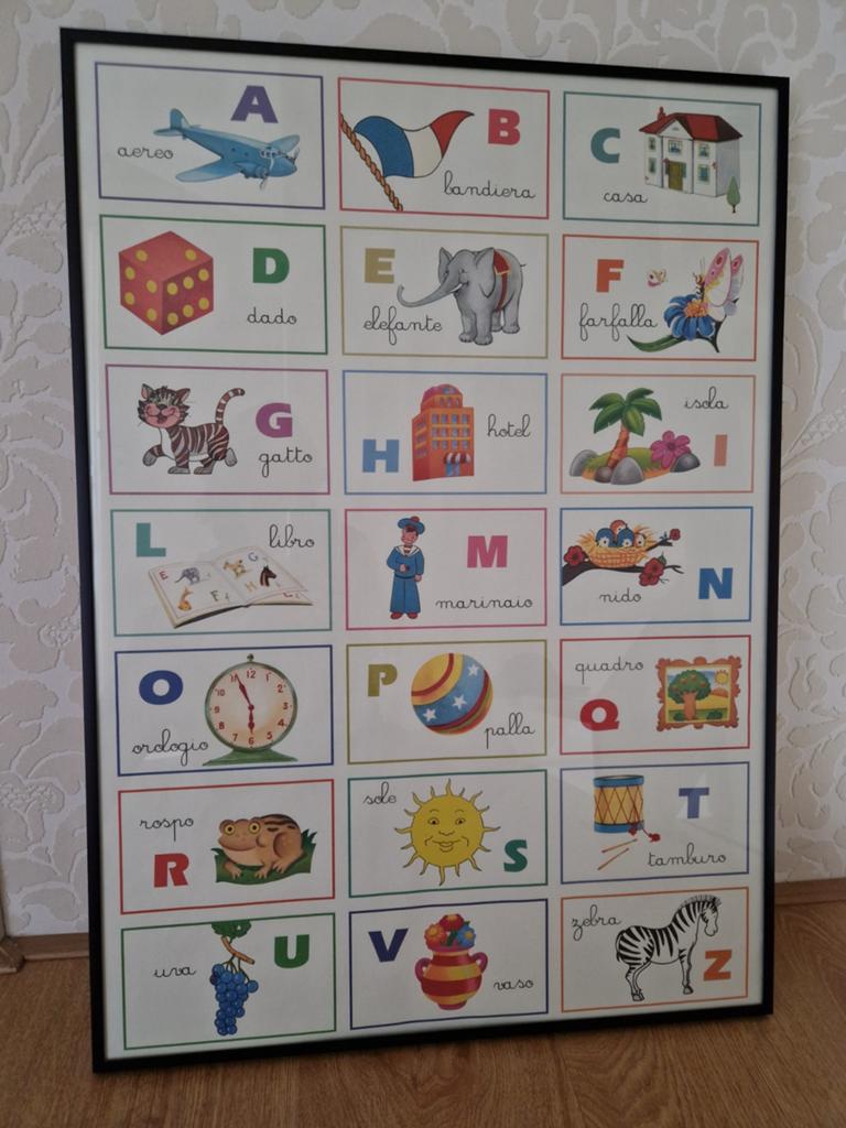 Originele Italiaanse Alfabet Poster in Lijst - 70 x 50 cm, 50 tot 75 cm, Ophalen of Verzenden, Zo goed als nieuw, Foto of Poster